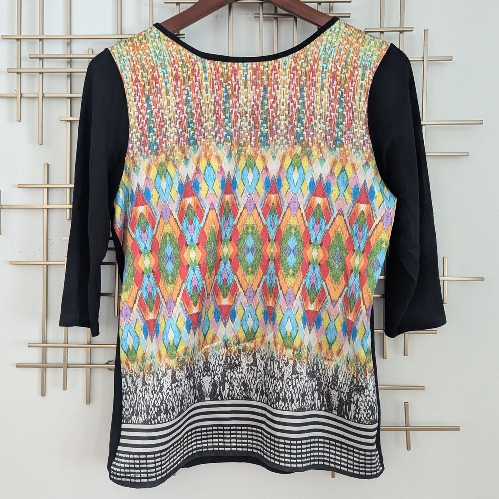 Paola Davoli Black 3/4 Sleeve Mixed Media Geometric Print Top Made‎ in Italy